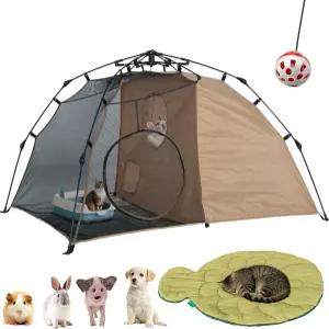 팝업 카티오 텐트 실내외 고양이 플레이펜 및 물고기 모양 침대 세트 2공간 인클로저놀이/휴식/리터 박스