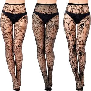 새티니어 3피스 여성 할로윈 해골 피쉬넷 팬티호스 거미줄 패턴 타이트 메쉬 하이 스타킹 3가지 스타일