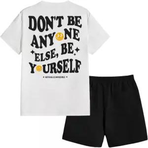 플로렌스 남성용 2피스 운동복 슬로건 프린트 티셔츠 드로스트링 허리 반바지 세트