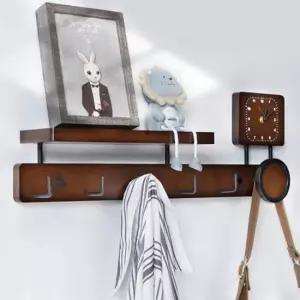 [생활] 대나무 미니시계 후크 옷걸이 벽선반 6구 브라운