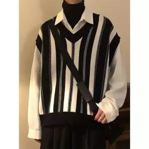 엘럽 남성용 니트 빈티지 스트라이프 상의 조끼 루즈핏 나시 봄가을 스웨터 원템3