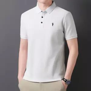 남성용 여름 캐주얼 터틀넥 자수 반팔 반팔티 중년 솔리드 OP1