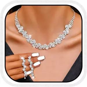 유니크라 라인스톤 신부 결혼식 주얼리 세트 실버 목걸이 귀걸이 반지 프롬 공식 의상 여성 및 신부용