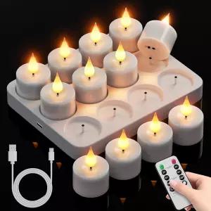 충전식 화염 없는 티 라이트 캔들 12Pc 배터리 작동 원격 타이머 및 충전 베이스 LED 깜빡임 보티브