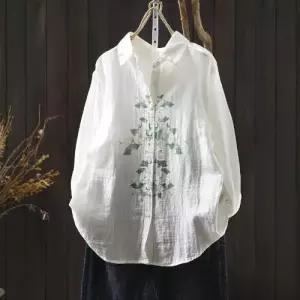 여사친 빈티지 캐주얼 가을 프린트 면사 셔츠 이중 OP3