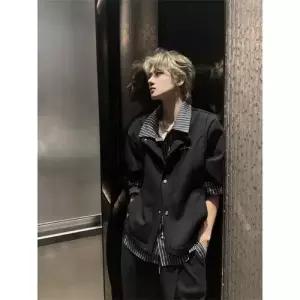 남성용 페이크 투피스 카디건 숄카라 셔츠 스트라이프 OP1