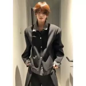 남성용 검정 페이크 투피스 스트라이프 카디건 셔츠 맨투맨 OP1