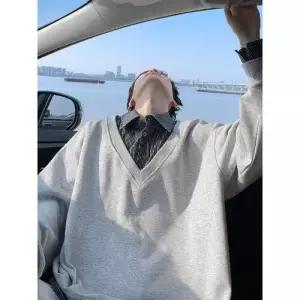 남성 빈티지 캐주얼 투피스 페이크 봄가을 스트라이프 풀오버 맨투맨 넥 셔츠 OP3