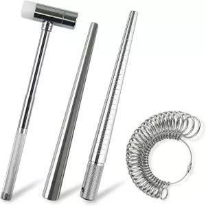 보석 제작을 위한 4피스 링 사이즈 측정 도구 측정기 및 키트 맨드릴 솔리드 메탈 스틱 주얼리 망치 금속