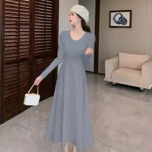 니트 스커트 원피스 검정 여성용 이너 긴팔 슬림 허리조임 프렌치 라운드 OP1