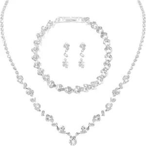 결혼식 신부 주얼리 세트 여성용 우아한 라인스톤 목걸이 귀걸이 팔찌 들러리 실버 결혼 정장 액세서리