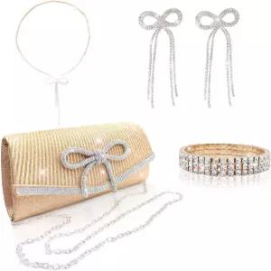 PUHLXAR 4피스 보우 이브닝 스파클링 백 여성 핸드백 웨딩 파티 칵테일 프롬 라인스톤