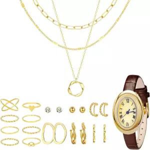 NEWITIN 61피스 여성 패션 의상용 골드 주얼리 세트 도금 목걸이 팔찌 시계 링 귀걸이 여성용