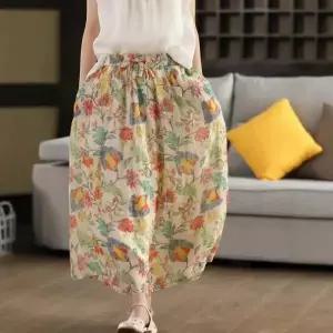 루타꽁몰 스커트 롱 빈티지 여성용 중기장 프린트 이중 A라인 모시 HO1