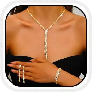 유니크라 실버 브라이덜 웨딩 주얼리 세트 라인스톤 목걸이 귀걸이 팔찌 프롬 공식 코스튬 여성 및 신부용