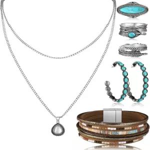 에코 보헤미안 웨스턴 주얼리 터쿼이즈 세트 여성 컨트리 펜던트 롱 초커 레이어드 팔찌 귀걸이 반지