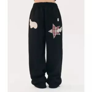 AMBLER [쭈리/기모] Angel Star Patch 자수 원턱 스트링 와이드 스웨트 팬츠 AP903 (블랙)