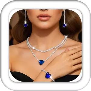 Aukmla 웨딩 주얼리 세트 실버 라인스톤 하트 목걸이 귀걸이 팔찌 여성 및 신부를 위한 코스튬