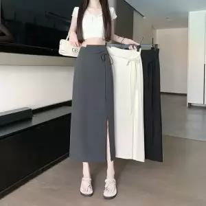 스커트 롱 여친 하이웨스트 언밸런스 H라인 원턱 옆트임 정장 A라인 영상 힙업 스트링 KS1