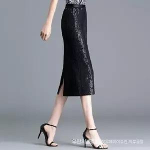 스커트 여사친 H라인 슬림핏 모던 트임 힙업 원턱 스팽글 기장 일자 초여름 KS1