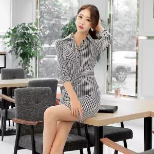 원피스 스커트 여자 봄 H라인 프렌치 얇은 셔츠 스트라이프 슬림핏 스트링 원턱 KS1