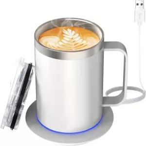 셀프 히팅 커피 머그 워머 12온스 스마트 자동 차단 여행/사무실/가정용 뚜껑이 있는 USB 충전식 가열