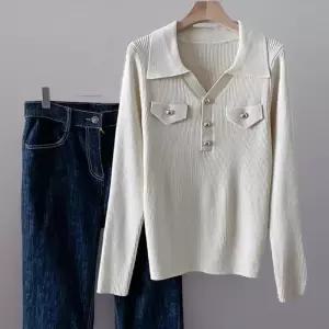 [신상오픈런]여성용 골드 버튼 카라넥 긴팔 골지 니트 스웨터 (39079624)