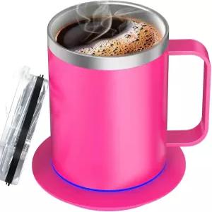 책상용 정루 가열 커피 머그잔 손잡이 및 뚜껑이 있는 셀프 히팅 온도 조절 컵 선물 디어 로즈12온스