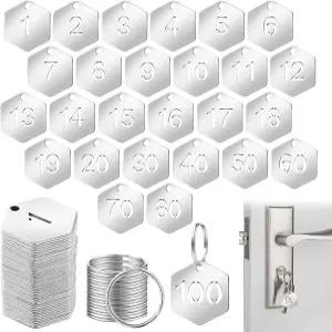 100개의 중공 스테인리스 스틸 번호표 번호표와 링이 있는 키표 헥사곤 금속 키 ID 태그 기숙사 하우스