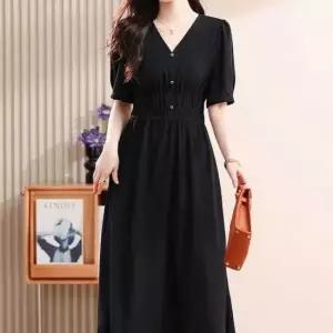 [의류] 블랙 주얼리 버튼 원피스 반팔 브이 3중밴드 어깨셔링