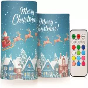 크리스마스 조명 불 없는 촛불 산타클로스 썰매 순록 기둥 양초 2개 세트 배터리 작동 리모컨 따뜻한 홈