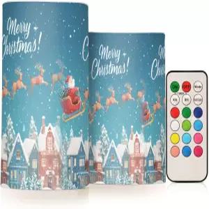 zyrty Xmas 2팩 플라스틱 불꽃 없는 양초 산타클로스 썰매 순록 배터리 리모컨 및 타이머 리얼 왁스 LED