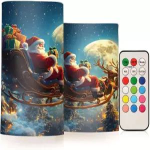 알라자 크리스마스 산타클로스 썰매 타는 순록 깜빡이는 불꽃 없는 양초 배터리 리모컨으로 작동하는 티