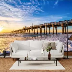 YhLHDzbb 웨이브 브리지 3D 벽 벽화 선샤인 갈매기 껍질 및 스틱 벽지 탈착식 포스터 스티커 침실 거실