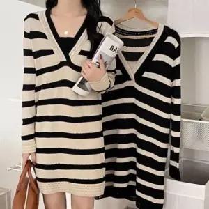 [의류] 데일리룩 데이트룩 배색패턴 꾸안꾸 단가라 원피스