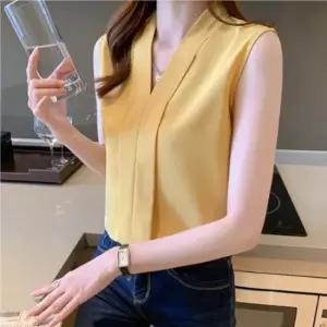 비욘드라이프 브이 카라 슬리브리스 블라우스 1006874