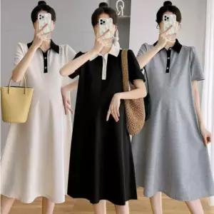 여성용 심플 카라 미디 반팔 원피스 임산부 여름 의류 VWx3+1acA