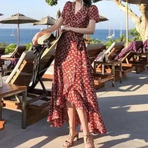 [신상오픈런]랩원피스 캉캉 프릴 기하학 화려한 로브 허리끈 반팔 (31545927)