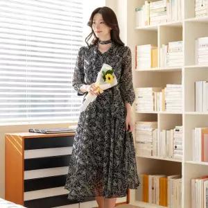 [시크라인] (~XXL까지) 모라 플라워 타이+벨트 쉬폰 언발 원피스 봄 가을 하객룩 오피스룩 모임룩 격식룩 빅사이즈