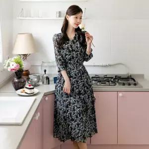 [시크라인] (~XXL까지) 차베론 브이넥 쉬폰 플라워 랩 원피스 봄 가을 하객룩 오피스룩 모임룩 격식룩 빅사이즈