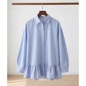 [하프클럽/]밑단 셔링 페플럼 셔츠 블라우스 퍼프소매 카라넥 남방셔츠 화