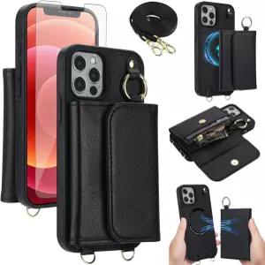 12 프로 61 월렛 마그네틱 탈착식 커버 화면 보호기 MagSafe 크로스바디 랜야드 스트랩 RFID 차단 플립