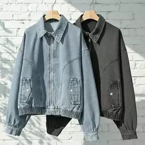 [옷자락]여자 캐주얼 워싱 오버핏 크롭 데님 카라 블루종 점퍼