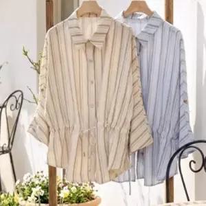 [옷자락]여자 린넨 스트라이프 허리스트링 루즈핏 셔츠