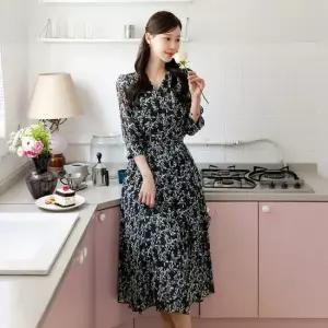 XXL까지) 차베론 브이넥 쉬폰 플라워 랩 원피스 봄 가을 하객룩 오피스룩 모임룩 격식룩 빅사이즈