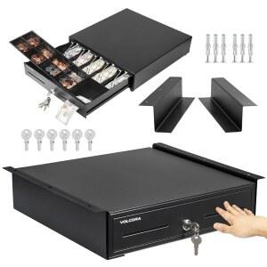 언더 카운터 마운팅 금속 브래킷이 있는 볼코라 수동 푸시 오픈 캐시 레지스터 서랍 - 16인치 블랙 프론트