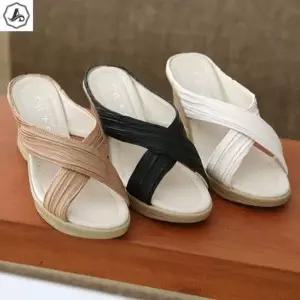 [애슬릿] 웨지 힐 슬리퍼 가죽 통굽 크로스 굽높은 7cm