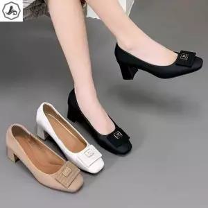 [애슬릿] 가죽 구두 펌프스 스퀘어 장식 미들힐 5cm