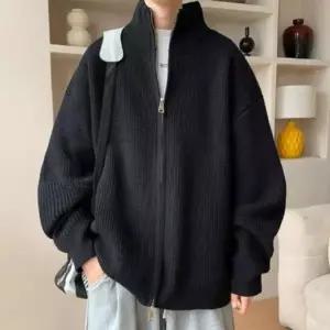 [옷자락]남성 골지 오버사이즈 스탠드넥 집업 니트 재킷