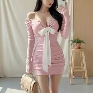 [옷자락]여성 로맨틱 셔링 리본 오프숄더 파티 원피스